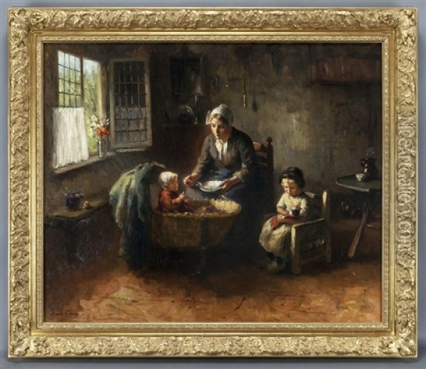 Interior Scene With Mother Feeding Her Children Oil Painting - Bernard de Hoog