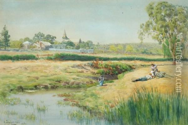 Children Fishing By The Stream Oil Painting - Alfred Sinclair