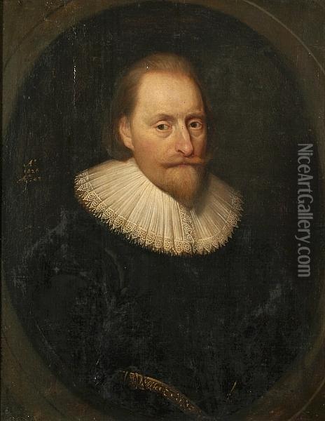 A Portrait Of A Bearded 
Gentleman, Half Length, With Black Coat And Lace Ruff, Within A Painted 
Oval Oil Painting - Cornelius Jonson