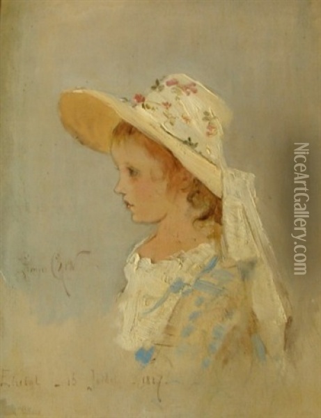 Profile Portrait Of Girl With Hat Oil Painting - Georges Jules Auguste Cain