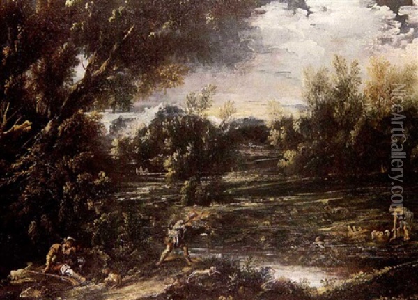 Wooded River Landscape With Hunters And Washerwoman Oil Painting - Alessandro Magnasco