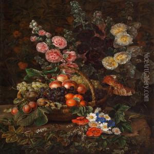 Still Life With Fruit In A Basket And A Bunch Of Poppies,cornflowers And Marguerites Oil Painting - I.L. Jensen