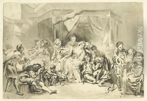 Scene De Famille etienne Aubry Family Scene Pen And Black Ink And Grey Wash Oil Painting - Etienne Aubry