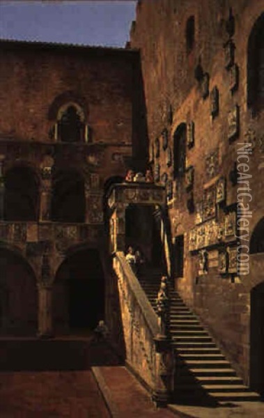 Figures In A Sunlit Stairwell, Florence Oil Painting - Antonietta Brandeis