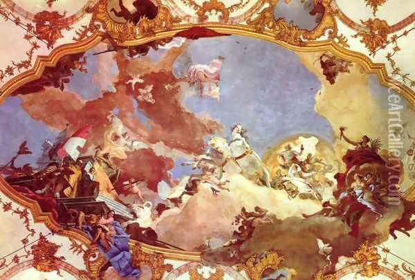 Frescoes in the imperial hall of the Würzburger residence castle, cover fresco, scene, Apollo suppli Oil Painting - Giovanni Battista Tiepolo