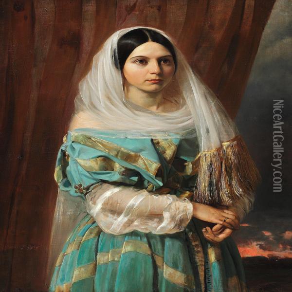 Dark-haired Beauty In A Turquoise Dress With Golden Ribbons Oil Painting - Anna Maria Elisabeth Jerichau-Baumann