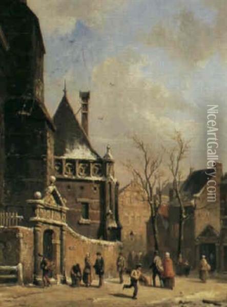 A Dutch Town On A Sunny Day In Winter Oil Painting - Adrianus Eversen