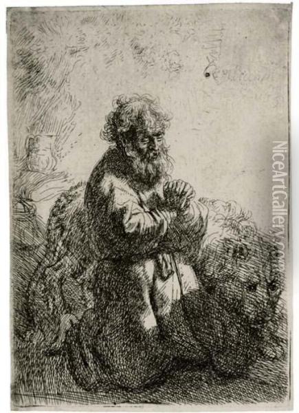 St. Jerome Kneeling In Prayer, Looking Down Oil Painting - Rembrandt Van Rijn