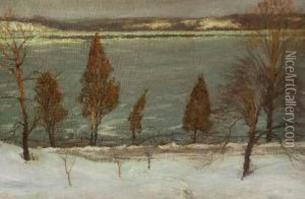 Hal Robinson . Snow Scene Along River, Signed Lower Left Oil Painting - Hal Robinson