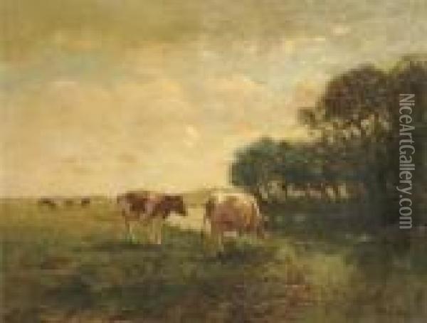 Cows By A Stream In A Polder Landscape Oil Painting - Fedor Van Kregten