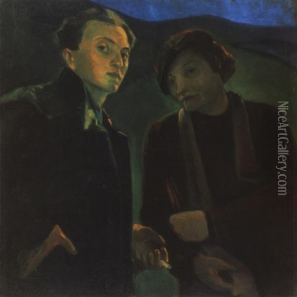 Onarckep A Muvesz Menyasszonyaval (self Portrait With The Artist's Bride) Oil Painting - Endre Hegedues