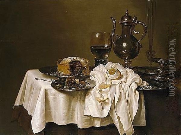 Still Life With A Roemer, A Silver Tazza, A Knife And A Sliced Lemon On A Pewter Plate, A Pie On A Pewter Plate, A Flute, Wine-glass And A Silver Pitcher, Together With A Lemon, All Arranged On A Table Oil Painting - Willem Claesz. Heda