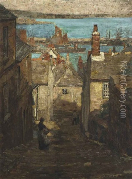 A Cornish Fishing Village Oil Painting - Ernest Procter