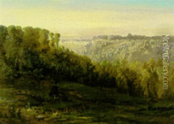 A Boy Seated By Stokleigh Camp, Looking Across Nightingale Valley, Near Clifton, Bristol Oil Painting - Fritz Bamberger