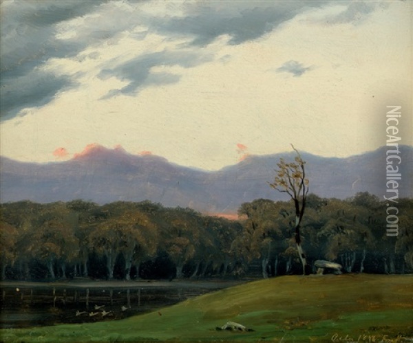 Herbstlandschaft Mit Hunengrab Bei Sonnenaufgang Oil Painting - Johann August Krafft