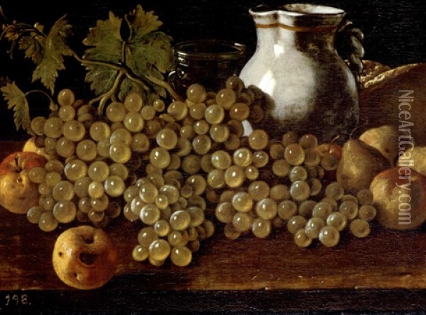 Bodegon Con Manzanas, Uvas, Peras, Pan, Jarra Y Vaso De Cristal Oil Painting - Luis Melendez