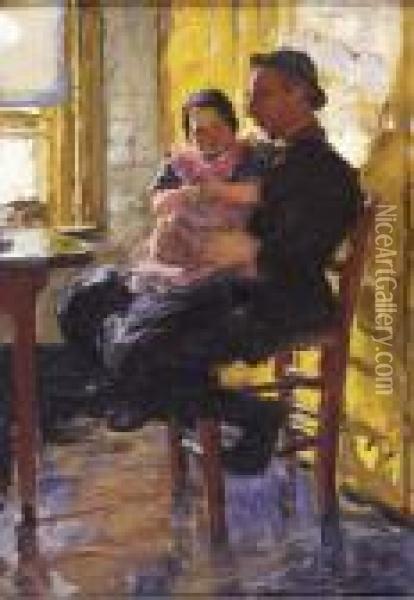 On Daddy's Lap: A Fishermand From Urk Oil Painting - Hans Von Bartels