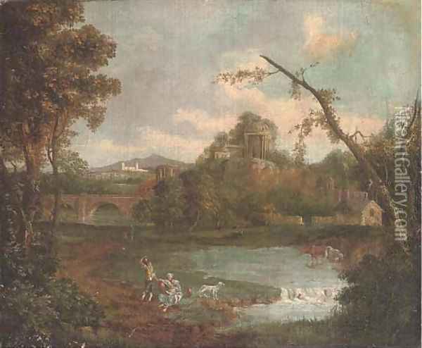 An extensive landscape with figures by a lake, a bridge and temple beyond Oil Painting - Giuseppe Zais