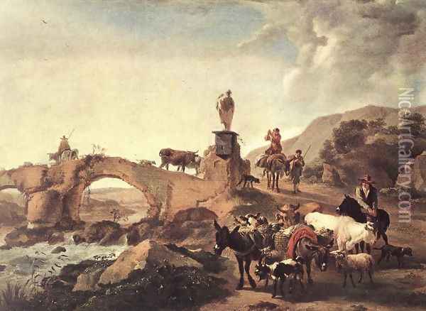 Italian Landscape with Bridge 1656 Oil Painting - Nicolaes Berchem