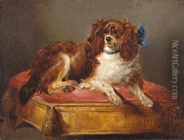 Spaniel On A Footstool Oil Painting - George William Horlor