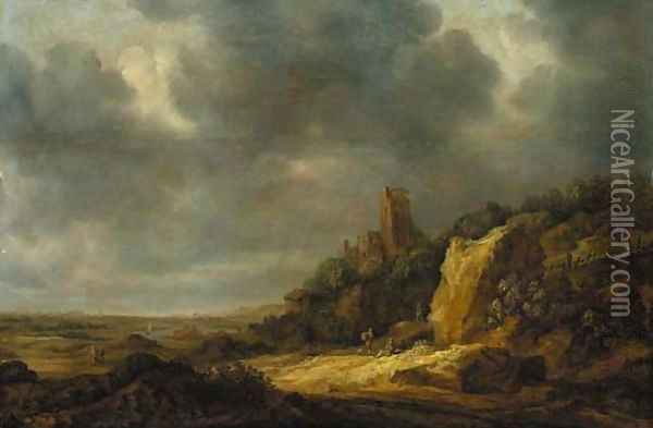 An extensive dune landscape with a ruined castle on a hill and travellers on a path Oil Painting - Reinier Van Der Laeck