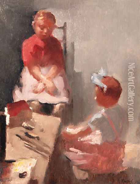 Two girls admiring their dollhouse Oil Painting - Heinrich Martin Krabb