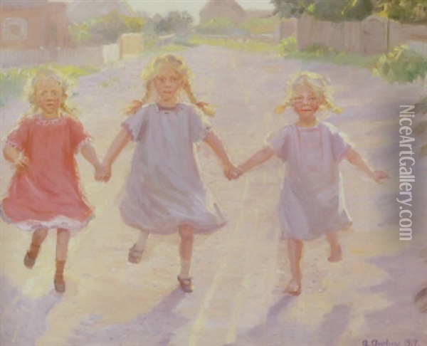 Tre Smapiger Med Fletninger, Lobende Hand I Hand Pa Daphnesvej I Skagen-osterby Oil Painting - Anna Kirstine Ancher