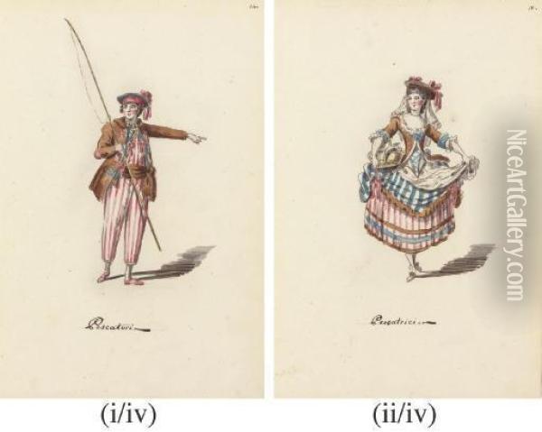 Pescatori; Pescatrice; Conttadino; And Conttadina Costume Designs Oil Painting - Leonardo Marini