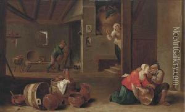 A Kitchen Interior With Peasants Oil Painting - Cornelis Mahu