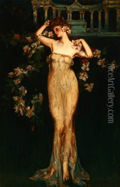 Flora, Belle Epoch Woman In Semi-transparent Gown Oil Painting - Albert Beck Wenzell