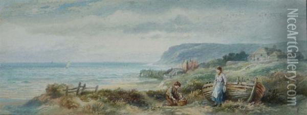 Children Searching For Crabs On A Rocky Beach Oil Painting - Rosa Muller