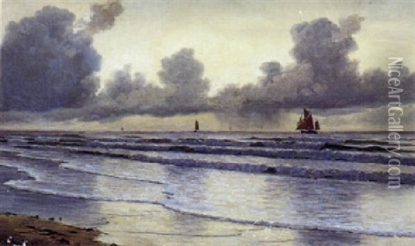 Marine Med Bolger, Der Ruller Ind Mod Stranden Og Store Sorte Regnvejrsskyer Oil Painting - Christian Blache