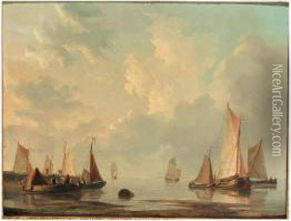 Moored Rivercraft At A Harbour Entrance; Rivercraft Off The Coast,vlissingen Oil Painting - Frans Jacobus Van Den Blijk