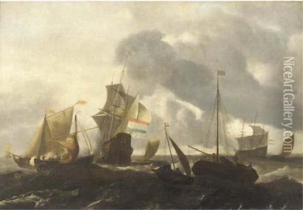 A Dutch Man'o-war And Other Shipping In Choppy Seas Oil Painting - Ludolf Backhuysen