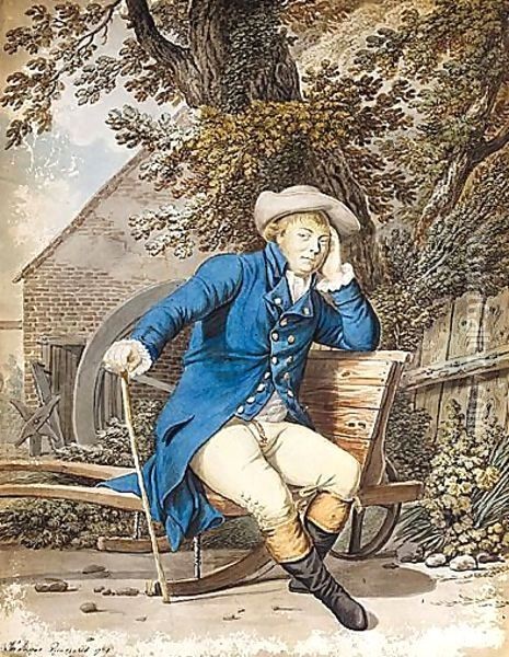 Portrait Of An Irish Gentleman Sitting On A Turf Barrow Oil Painting - John James Barralet