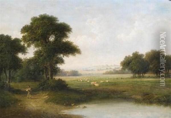 Figure On A Path And Sheep In A Landscape Oil Painting - Walter Williams