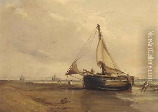 A fishing boat on the shore, Brighton Chain Pier beyond Oil Painting - English School