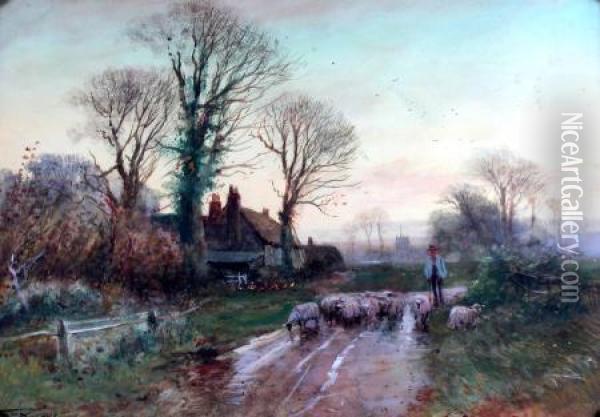 Evening Afterrain, Bringing In The Sheep, Kempton, Bedfordshire Oil Painting - Edward Fox