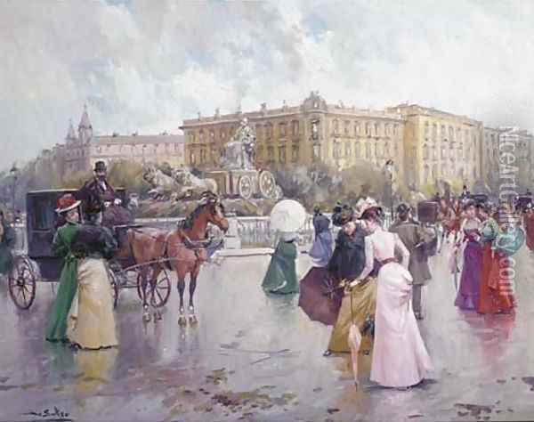 Elegant figures and carriages on a Parisian boulevard Oil Painting - Joan Roig Soler