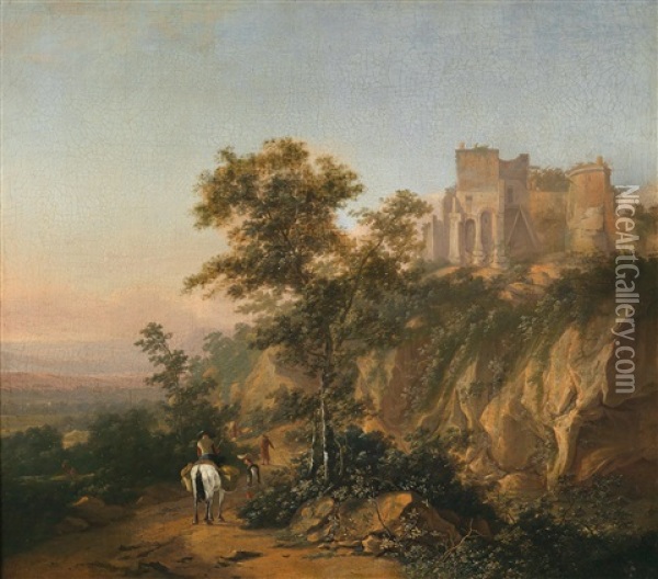 Eine Weite Landschaft Mit Hochgelegener Burg Und Einem Reiter Oil Painting - Adriaen van Eemont