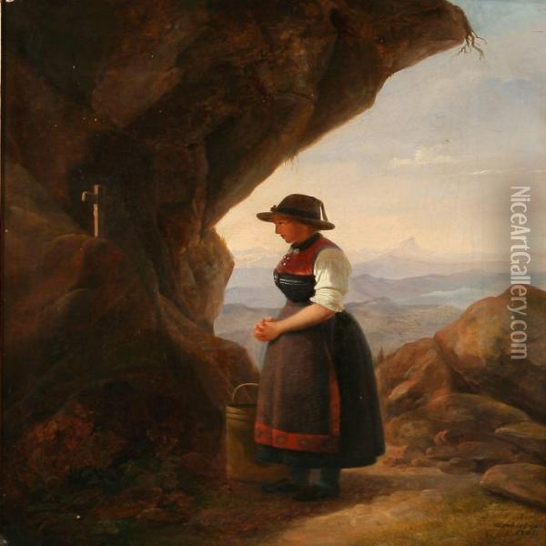 A Girl Prays At A Road Altar In Southern Europe Oil Painting - Christian Andreas Schleisner