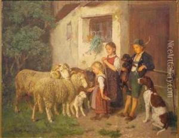 Feeding The Lamb Oil Painting - Adolf Eberle