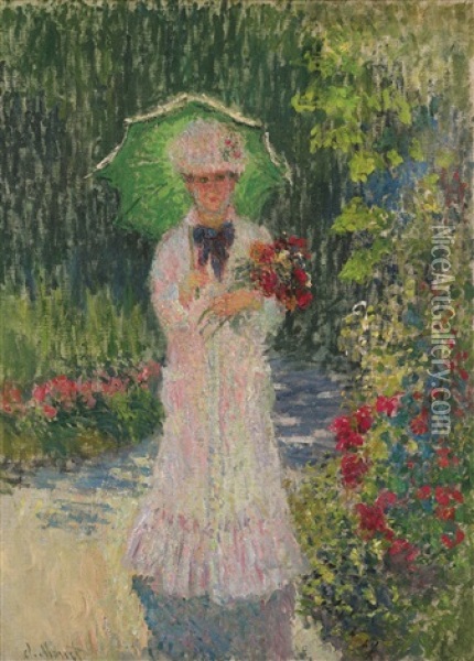 Camille A L'ombrelle Verte Oil Painting - Claude Monet