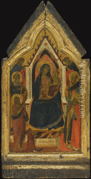 The Madonna And Child Enthroned, Flanked By Saints John The Baptist, Peter, Paul And Zenobius (?), And Two Angels, Below Them Two Donors Oil Painting - Taddeo Gaddi
