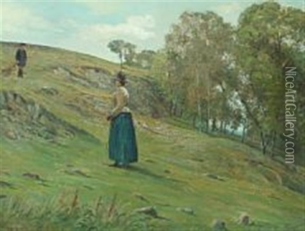 Hilly Landscape With Woman And Child Oil Painting - Bernhard Middelboe