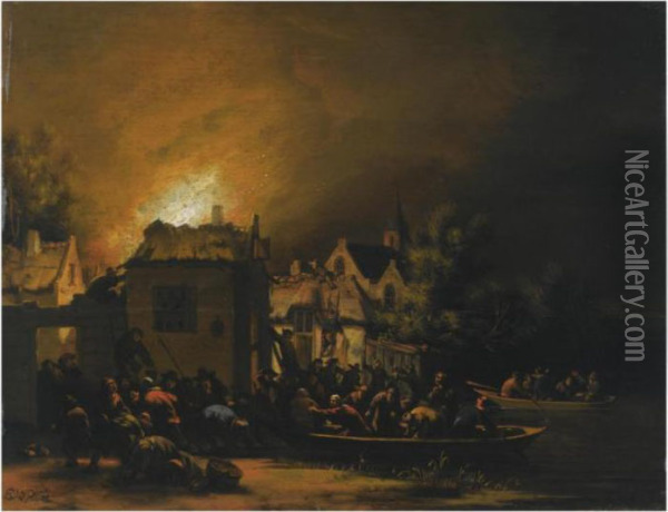 A Fire In A Village At Night With Villagers Trying To Extinguishit Oil Painting - Egbert van der Poel