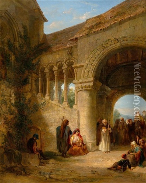 A Group Of Pilgrims Before A Cathedral In Southern Spain Oil Painting - Francois Antoine Bossuet