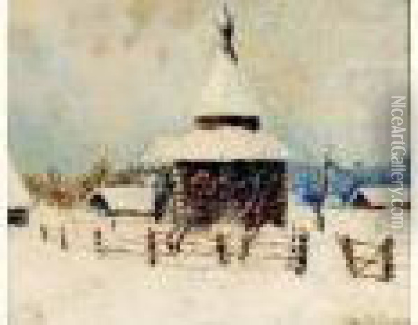 Paysage D'hiver Petite Isba Ou Chapelle Isolee Dans La Neige Oil Painting - Arnold Borisovic Lakowskij