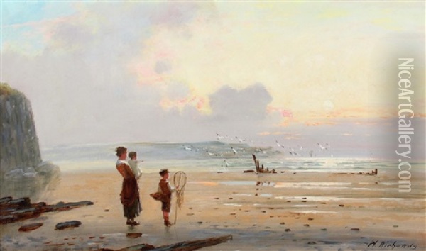 Junge Frau Mit Kindern An Einer Steilkuste Auf Das Meer Blickend Oil Painting - William Trost Richards