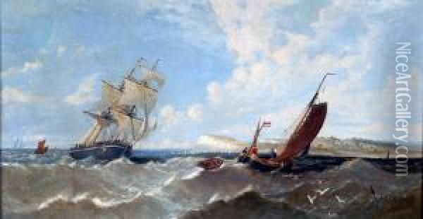 Marine View, With Twin Masted Ship And Sailing Ship In The Foreground; And A Companion Pair Oil Painting - James M., Meadows Snr.